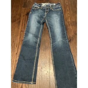 Adikt Jeans Women Size 29 Bootcut Flared Stretch Embroidered Pockets Medium Wash